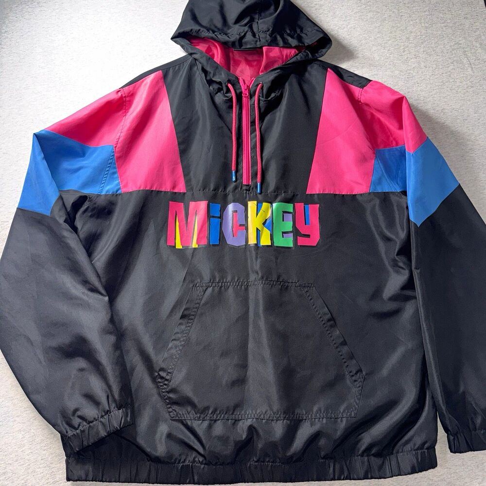 Vintage Disney Mickey Mouse Hooded Pullover Windbreaker Jacket Lg Black Pink Blu